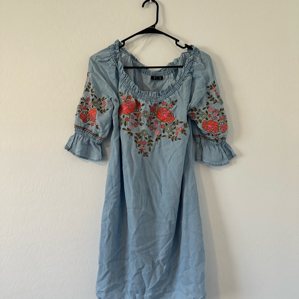 Floral Embroidered Blue Dress